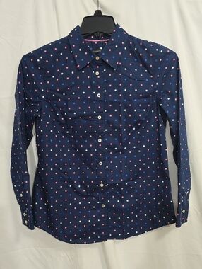 Talbots Womens Sm Navy Button Up Shirt w/ Colorful Polka Dots Contrasting Stripe